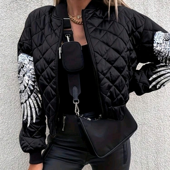 Jackets & Blazers - Contrast Color Wing Sequin Patchwork Quilted  Long Sleeve Jacket
